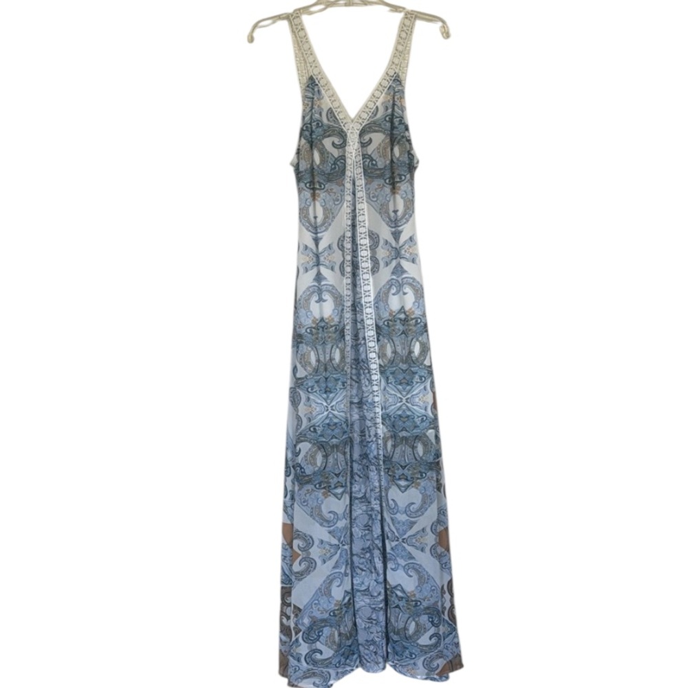 BRONTE Maxi Dress Pullover Sleeveless V-Neck Blue Pastels Paisley Large Flowy